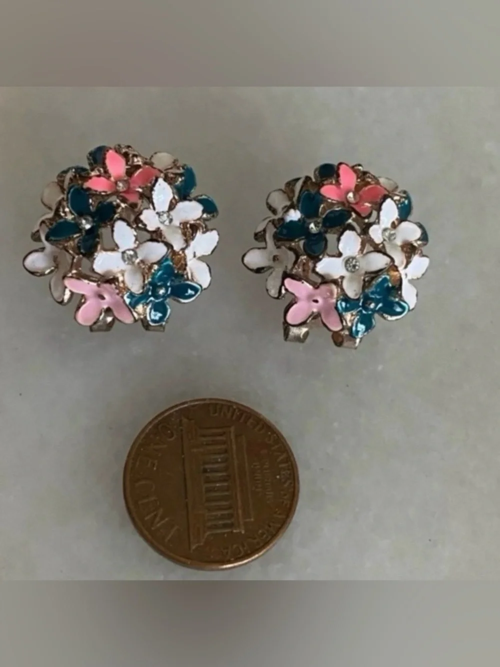 Vintage Floral Cluster Clip-On Earrings in Pink, White & Teal
